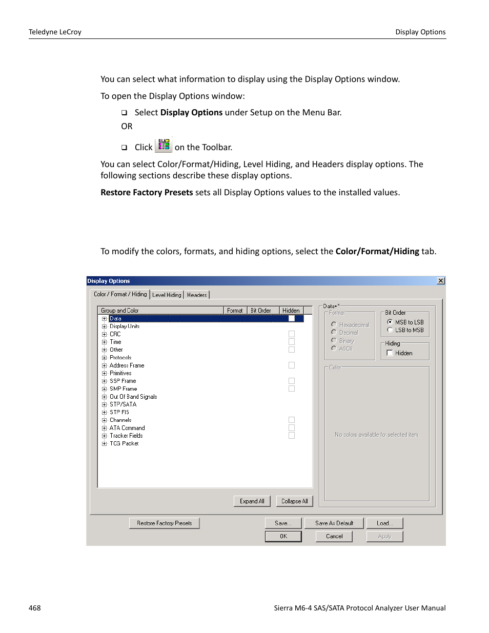 12 display options, 1 color/format/hiding display options | Teledyne LeCroy Sierra M6-4 SAS_SATA Protocol Analyzer User Manual User Manual | Page 472 / 498