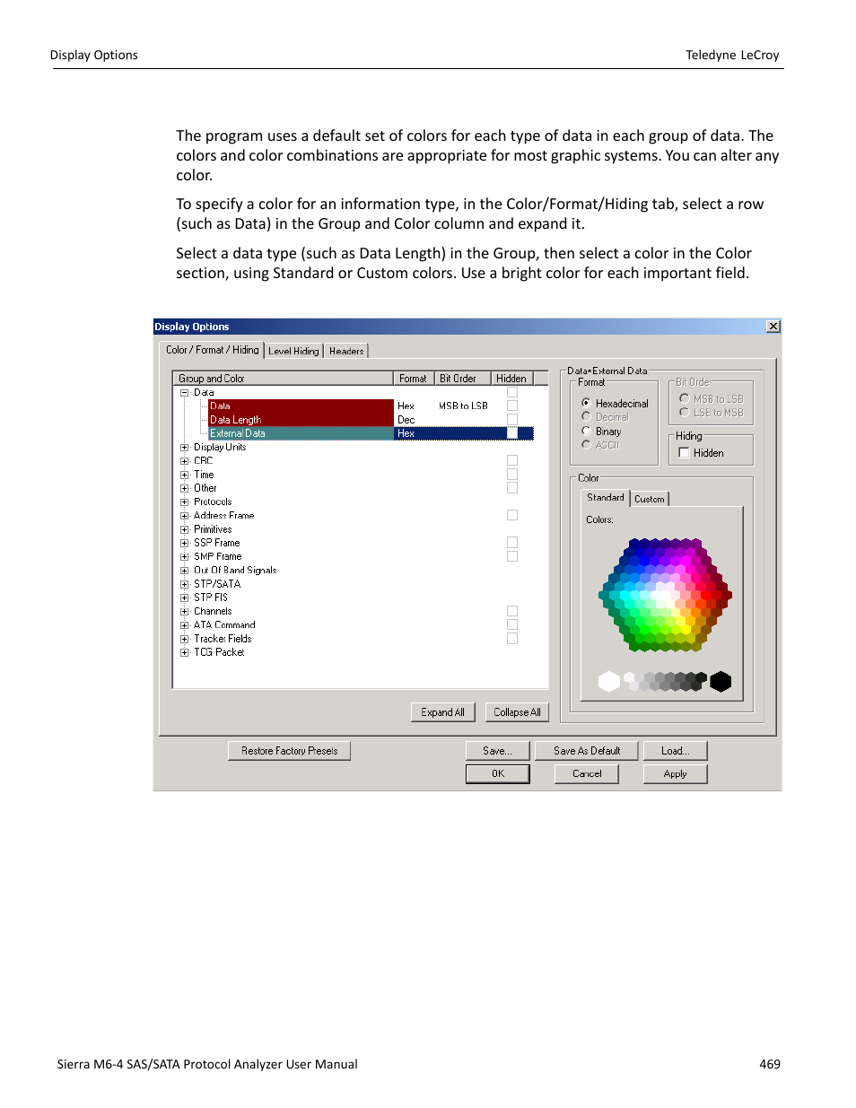 Color display options | Teledyne LeCroy Sierra M6-4 SAS_SATA Protocol Analyzer User Manual User Manual | Page 473 / 498