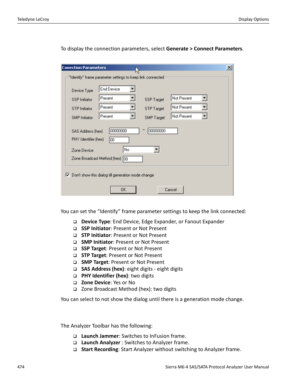 2 connection parameters, 3 resetting the toolbar | Teledyne LeCroy Sierra M6-4 SAS_SATA Protocol Analyzer User Manual User Manual | Page 478 / 498