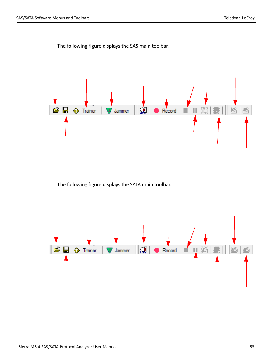 1 sas main toolbar, 2 sata main toolbar, Sas main toolbar” on | Sas main tool, Ions | Teledyne LeCroy Sierra M6-4 SAS_SATA Protocol Analyzer User Manual User Manual | Page 55 / 498