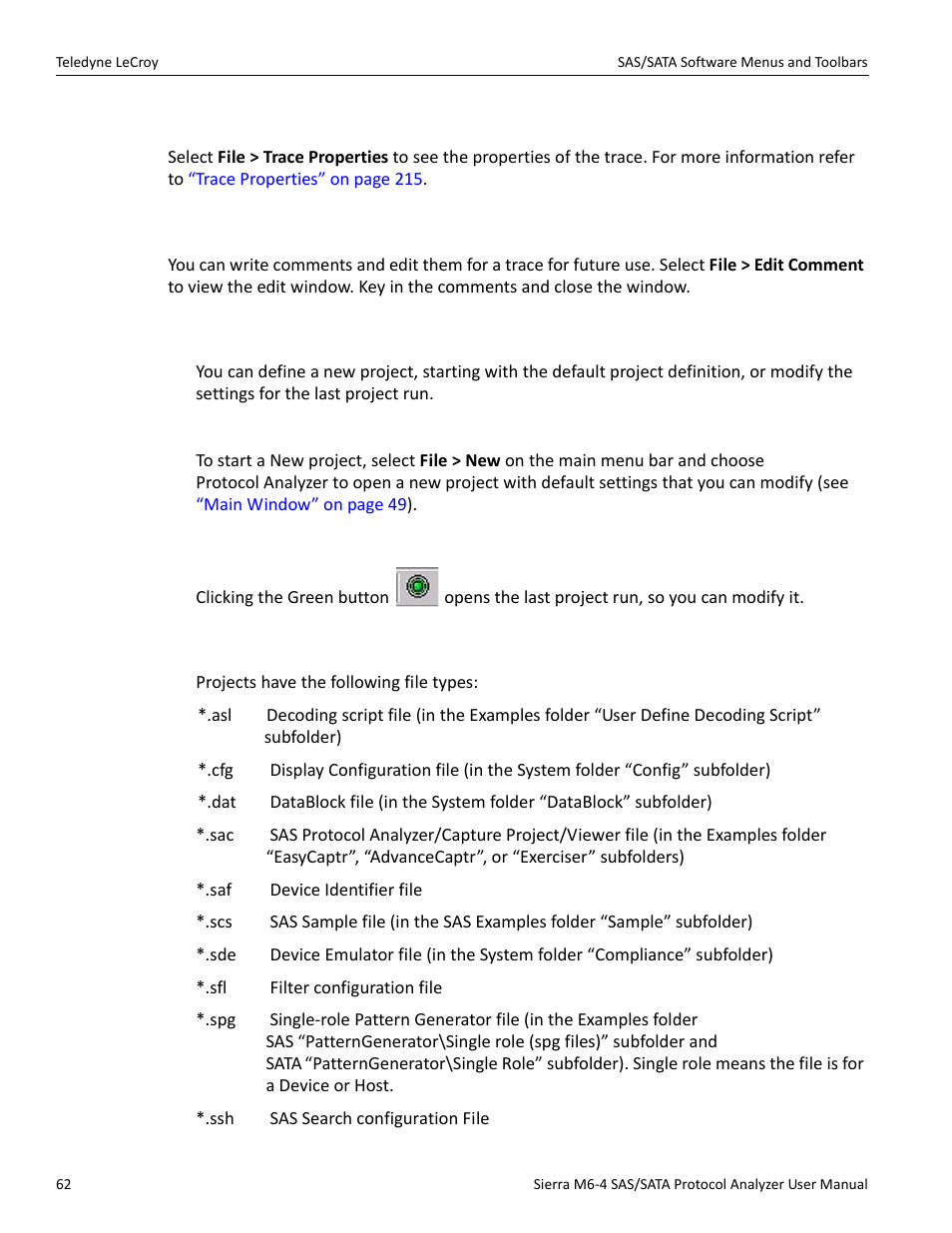 12 trace properties, 13 edit comment, 14 projects | New default project, Last project, 15 project file types | Teledyne LeCroy Sierra M6-4 SAS_SATA Protocol Analyzer User Manual User Manual | Page 64 / 498