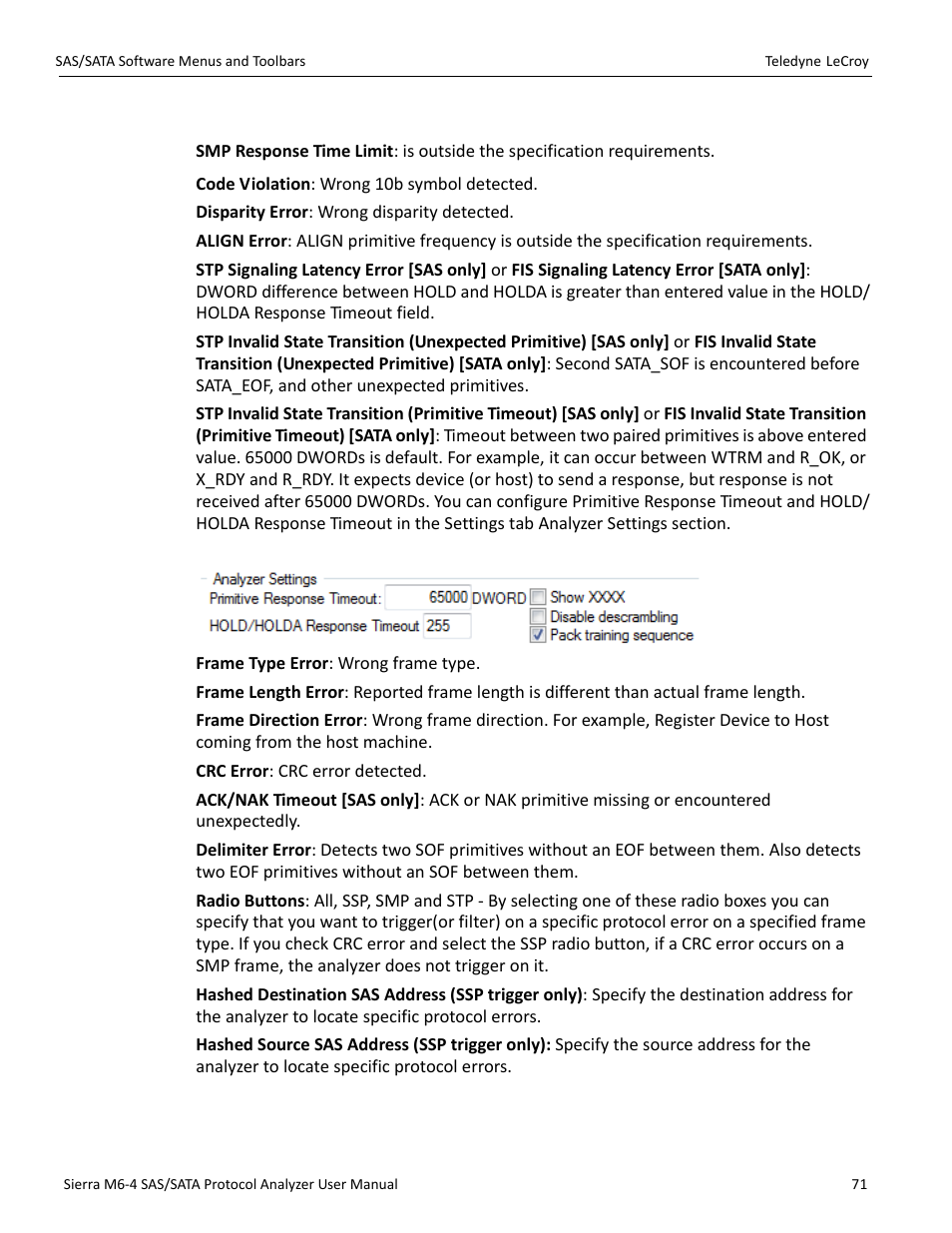 Protocol errors descriptions | Teledyne LeCroy Sierra M6-4 SAS_SATA Protocol Analyzer User Manual User Manual | Page 73 / 498