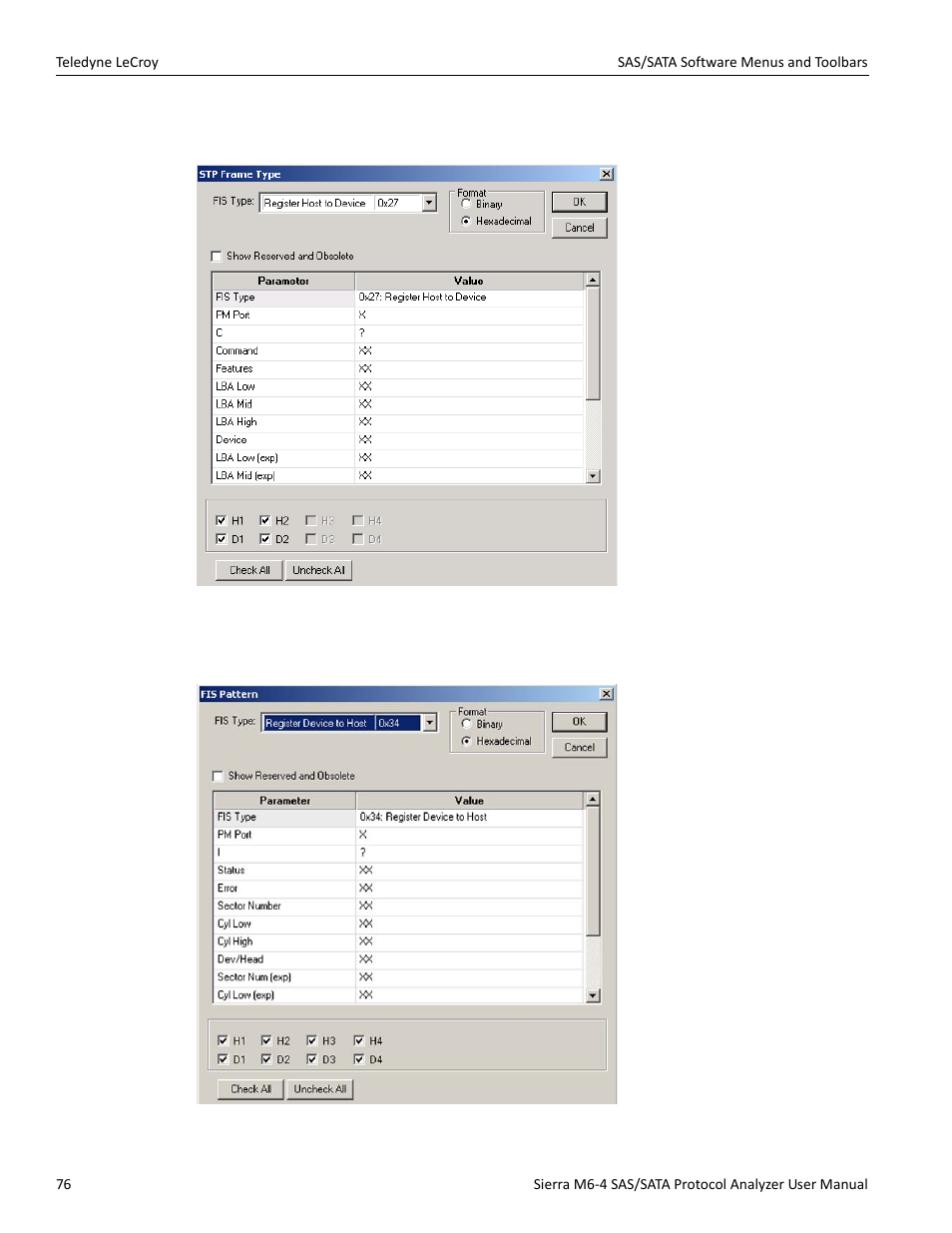 Register host to device, Register device to host | Teledyne LeCroy Sierra M6-4 SAS_SATA Protocol Analyzer User Manual User Manual | Page 78 / 498