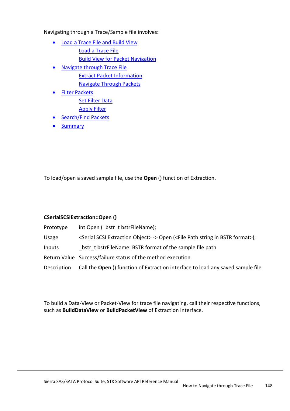 How to navigate through trace file, Load a trace file and build view, Load a trace file | Build view for packet navigation, Navigate through trace file | Teledyne LeCroy Sierra SAS_SATA Protocol Analyzer STX API Reference Manual User Manual | Page 148 / 979