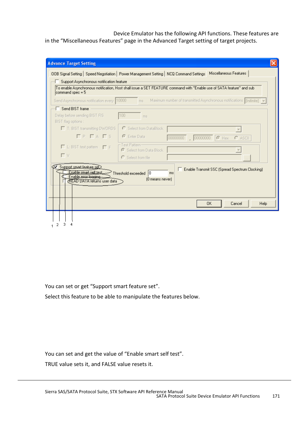 Sata protocol suite device emulator api functions, Enabling smart feature set, Enabling smart self test | Teledyne LeCroy Sierra SAS_SATA Protocol Analyzer STX API Reference Manual User Manual | Page 171 / 979