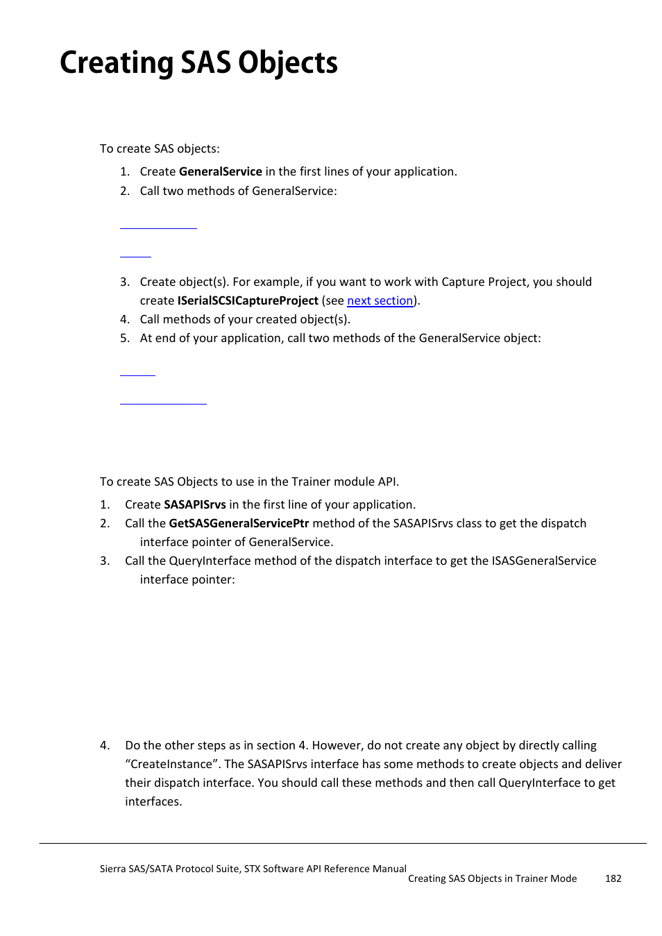 Creating sas objects, Creating sas objects in trainer mode | Teledyne LeCroy Sierra SAS_SATA Protocol Analyzer STX API Reference Manual User Manual | Page 182 / 979
