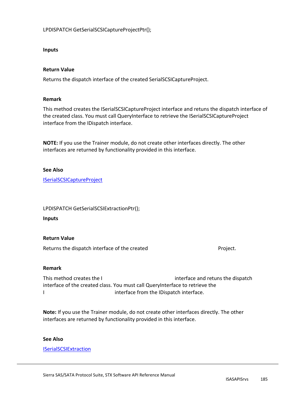 Getserialscsicaptureprojectptr, Getserialscsiextractionptr, Next section | Teledyne LeCroy Sierra SAS_SATA Protocol Analyzer STX API Reference Manual User Manual | Page 185 / 979