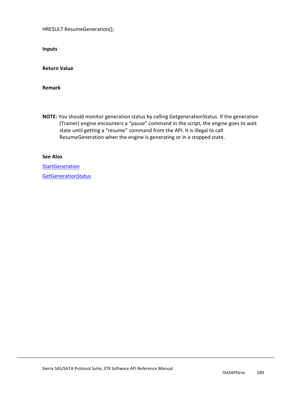 Resumegeneration | Teledyne LeCroy Sierra SAS_SATA Protocol Analyzer STX API Reference Manual User Manual | Page 189 / 979