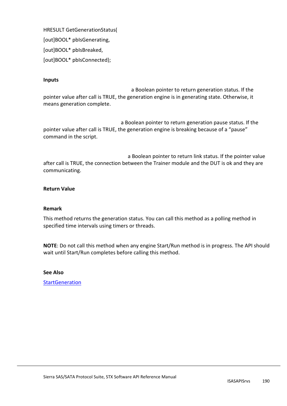 Getgenerationstatus | Teledyne LeCroy Sierra SAS_SATA Protocol Analyzer STX API Reference Manual User Manual | Page 190 / 979