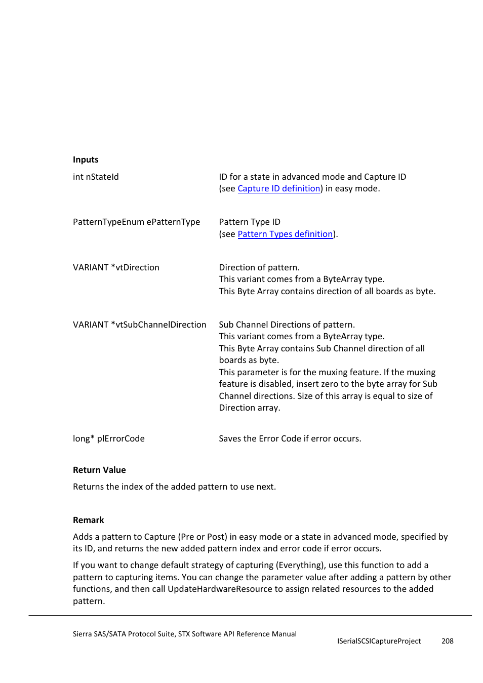 Addcapturepattern | Teledyne LeCroy Sierra SAS_SATA Protocol Analyzer STX API Reference Manual User Manual | Page 208 / 979