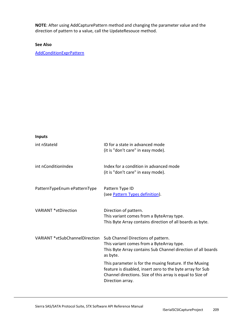 Addconditionexprpattern | Teledyne LeCroy Sierra SAS_SATA Protocol Analyzer STX API Reference Manual User Manual | Page 209 / 979