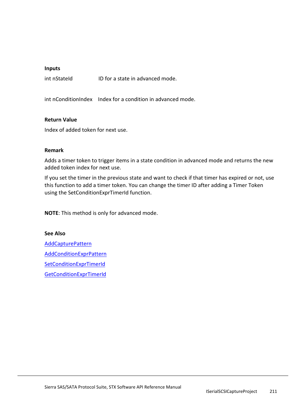 Addconditionexprtimertoken, Addstate | Teledyne LeCroy Sierra SAS_SATA Protocol Analyzer STX API Reference Manual User Manual | Page 211 / 979