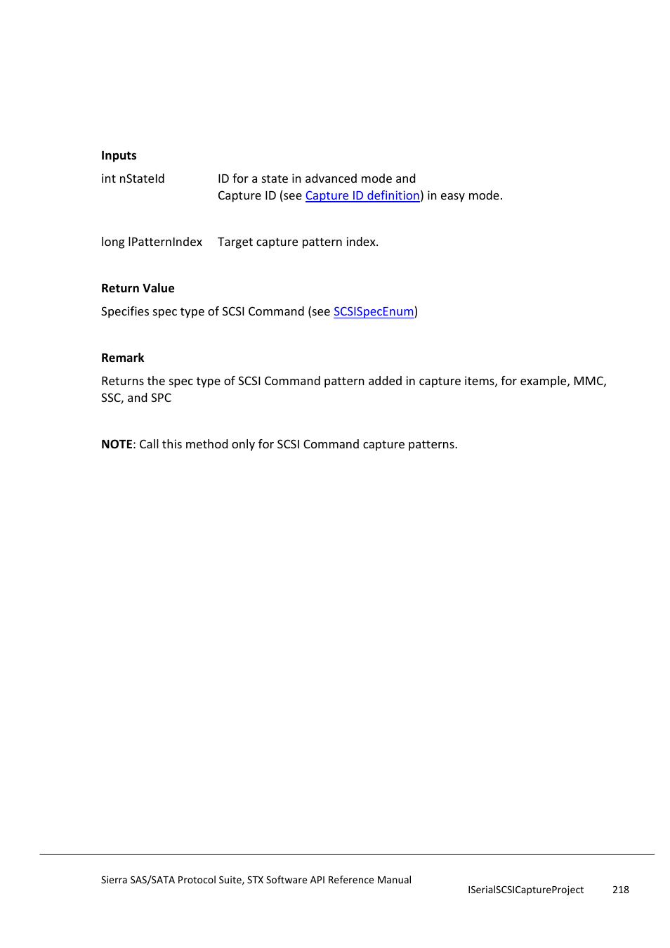 Getcapturepatterncommandspectype, Getcapturepatterndataoffset | Teledyne LeCroy Sierra SAS_SATA Protocol Analyzer STX API Reference Manual User Manual | Page 218 / 979