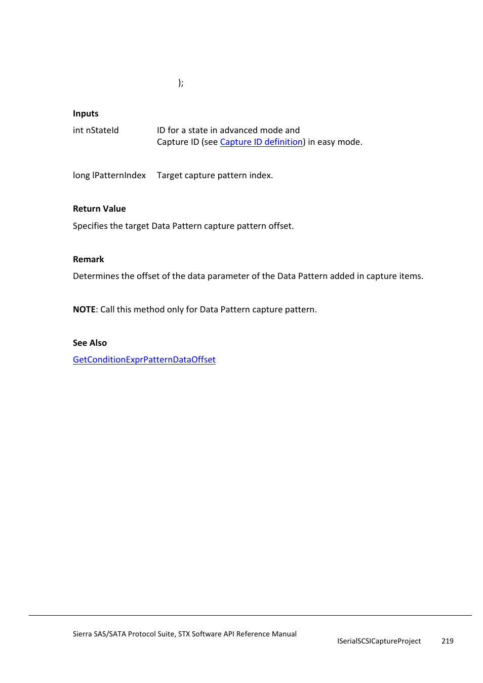 Getcapturepatterndataoffset, Getcapturepatterndirection | Teledyne LeCroy Sierra SAS_SATA Protocol Analyzer STX API Reference Manual User Manual | Page 219 / 979
