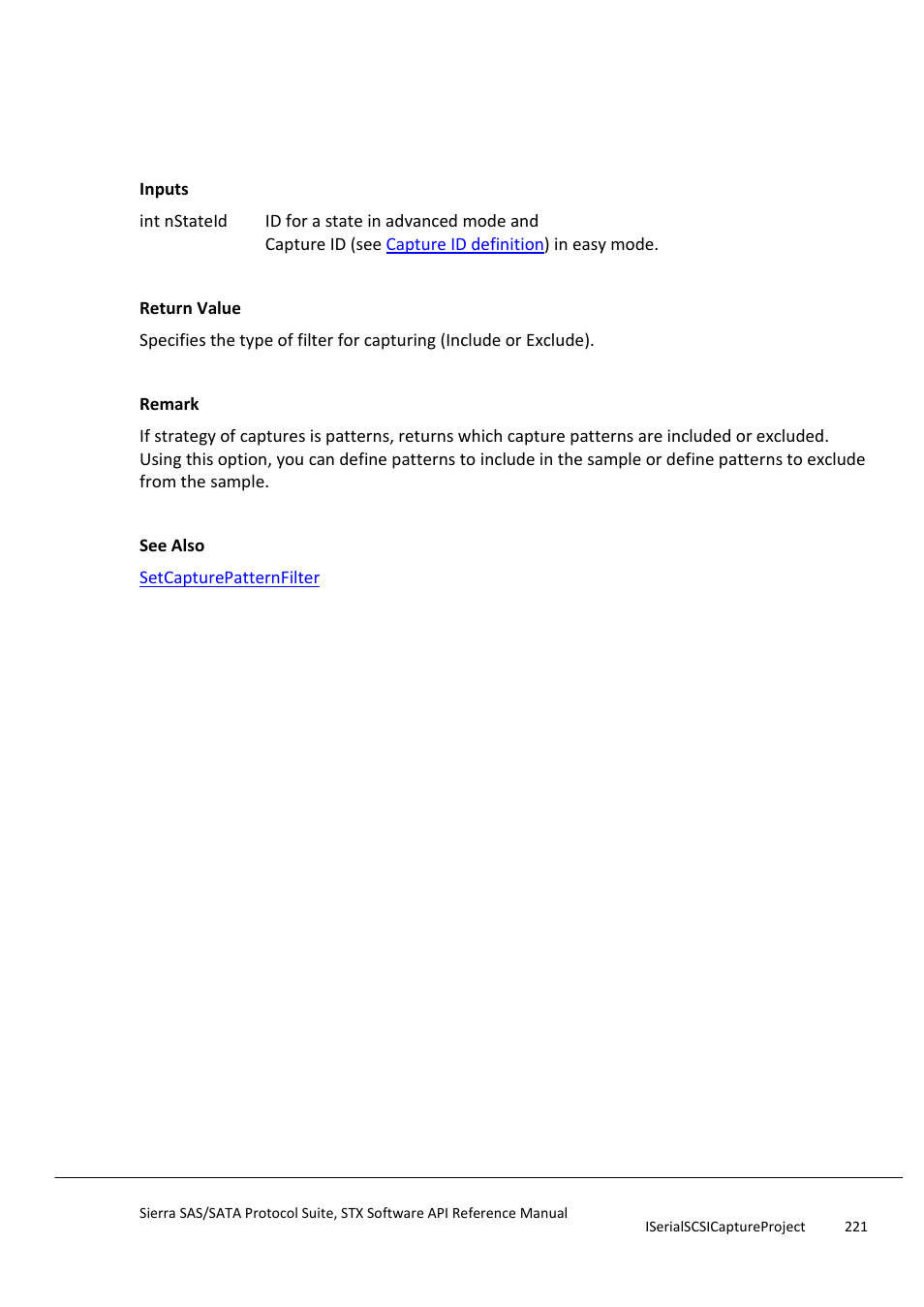 Getcapturepatternfilter, Getcapturepatternfisdataoffset | Teledyne LeCroy Sierra SAS_SATA Protocol Analyzer STX API Reference Manual User Manual | Page 221 / 979