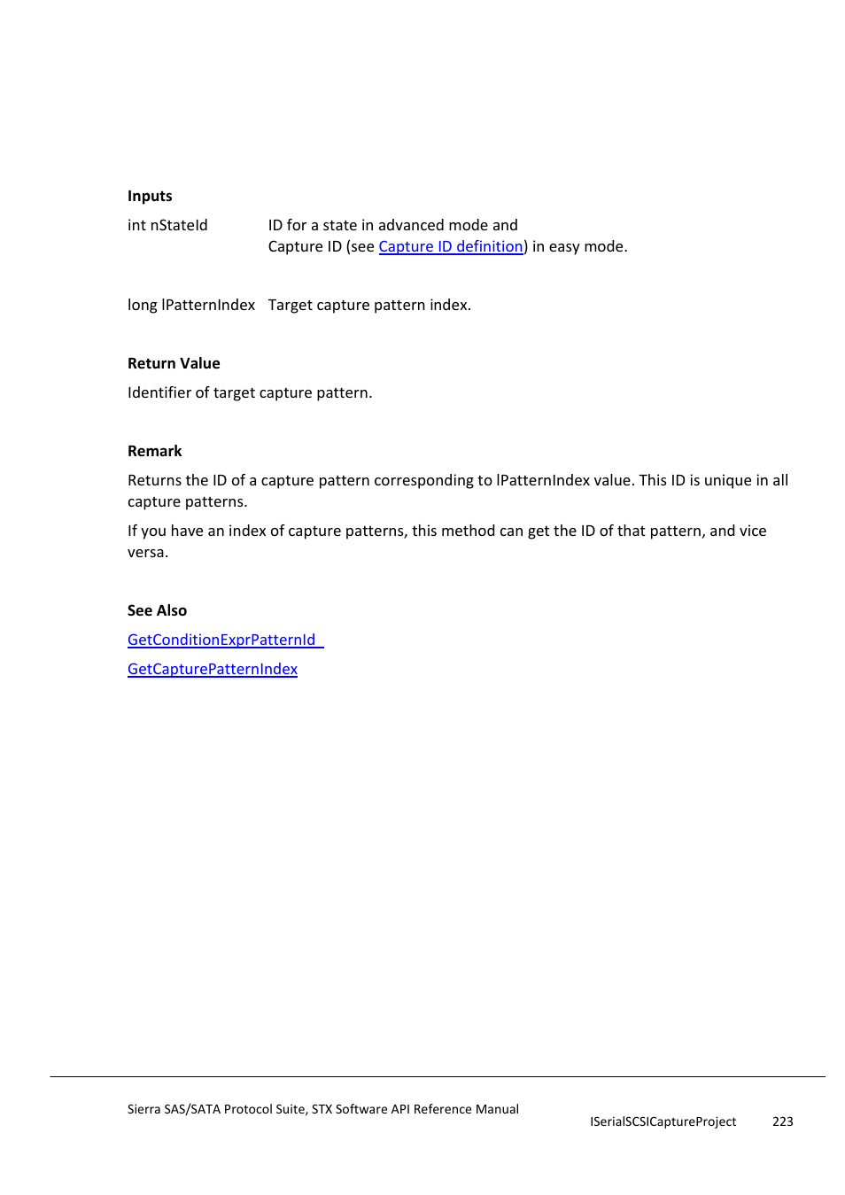 Getcapturepatternid, Getcapturepatternindex | Teledyne LeCroy Sierra SAS_SATA Protocol Analyzer STX API Reference Manual User Manual | Page 223 / 979