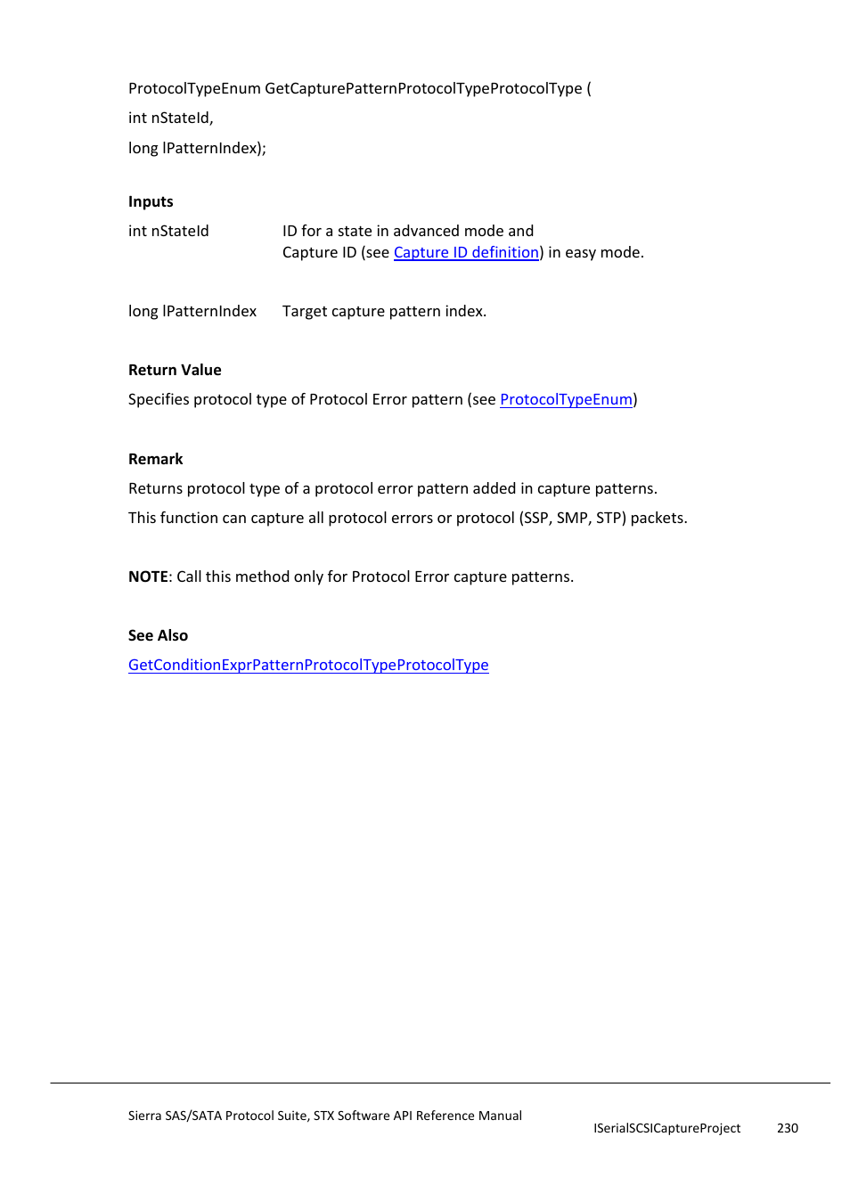 Getcapturepatternprotocoltypeprotocoltype, Getcapturepatternscsicommandtype | Teledyne LeCroy Sierra SAS_SATA Protocol Analyzer STX API Reference Manual User Manual | Page 230 / 979