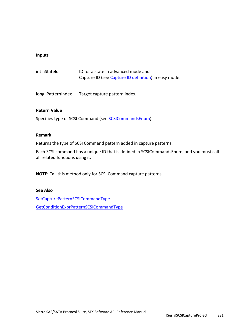 Getcapturepatternscsicommandtype, Getcapturepatternsmpfunctiontype | Teledyne LeCroy Sierra SAS_SATA Protocol Analyzer STX API Reference Manual User Manual | Page 231 / 979