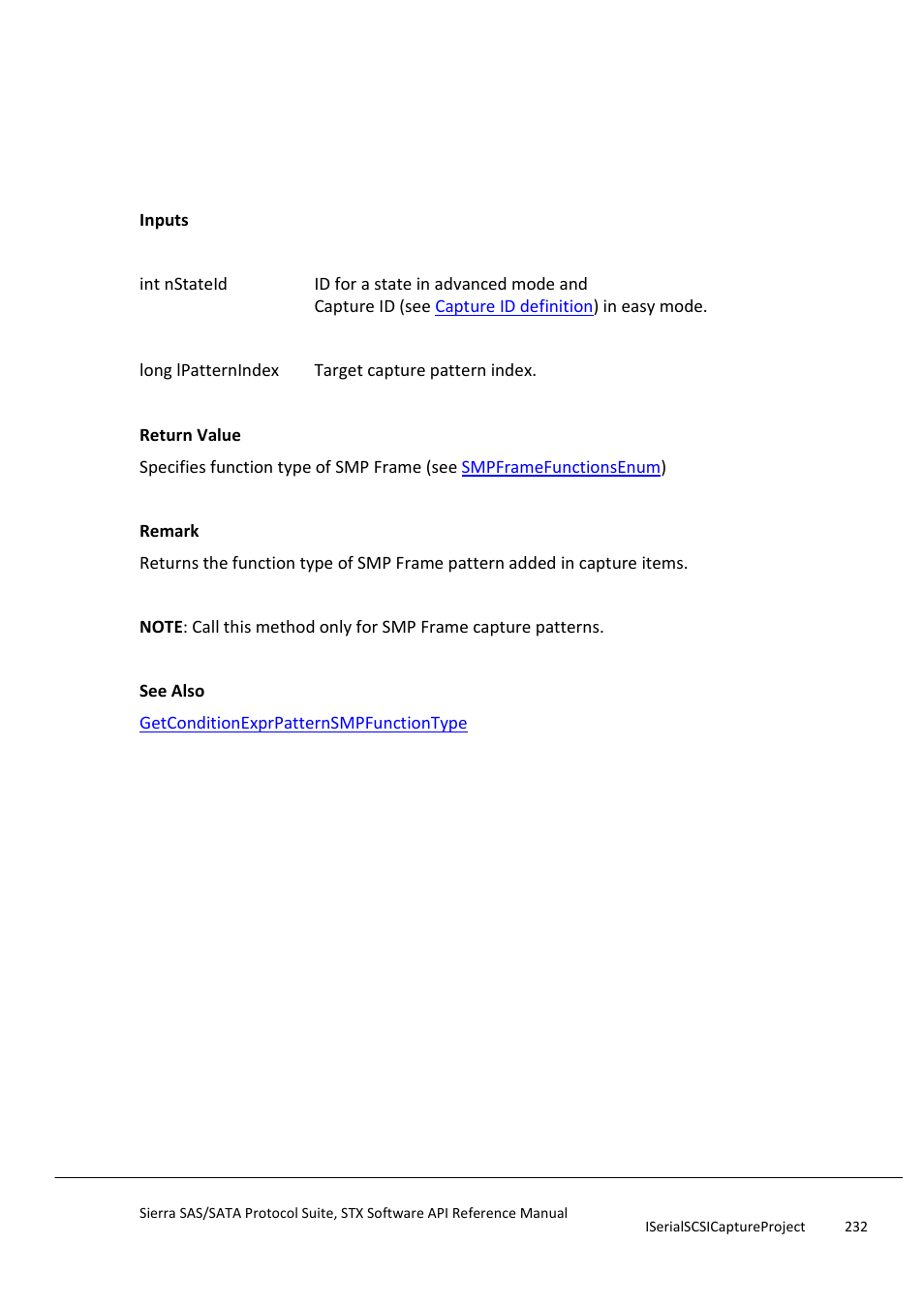 Getcapturepatternsmpfunctiontype, Getcapturepatternsspframetype | Teledyne LeCroy Sierra SAS_SATA Protocol Analyzer STX API Reference Manual User Manual | Page 232 / 979