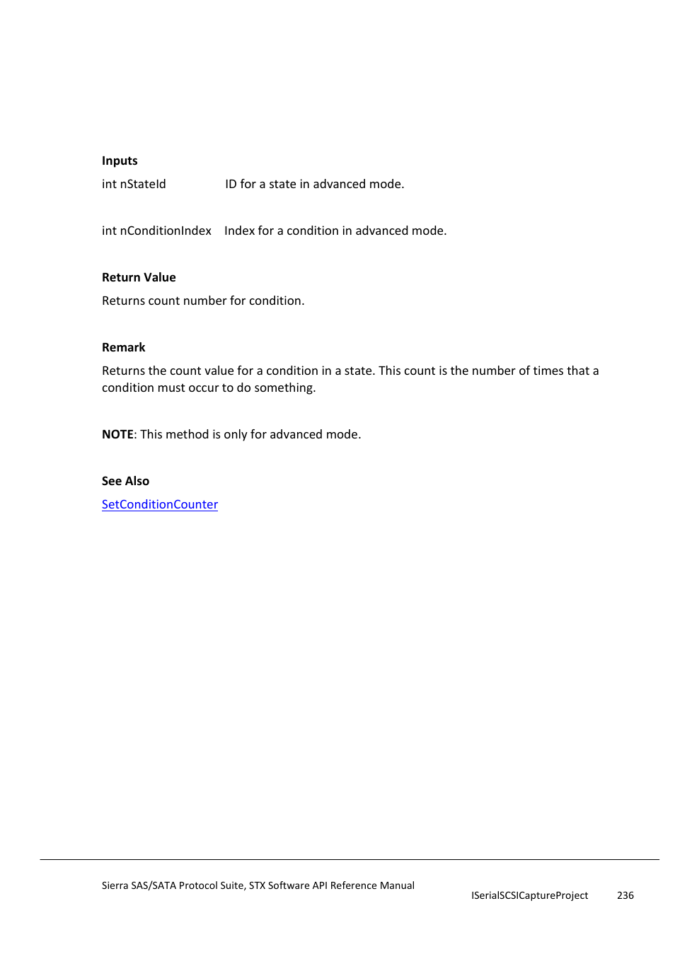 Getconditioncounter, Getconditionexpressiontokentype | Teledyne LeCroy Sierra SAS_SATA Protocol Analyzer STX API Reference Manual User Manual | Page 236 / 979