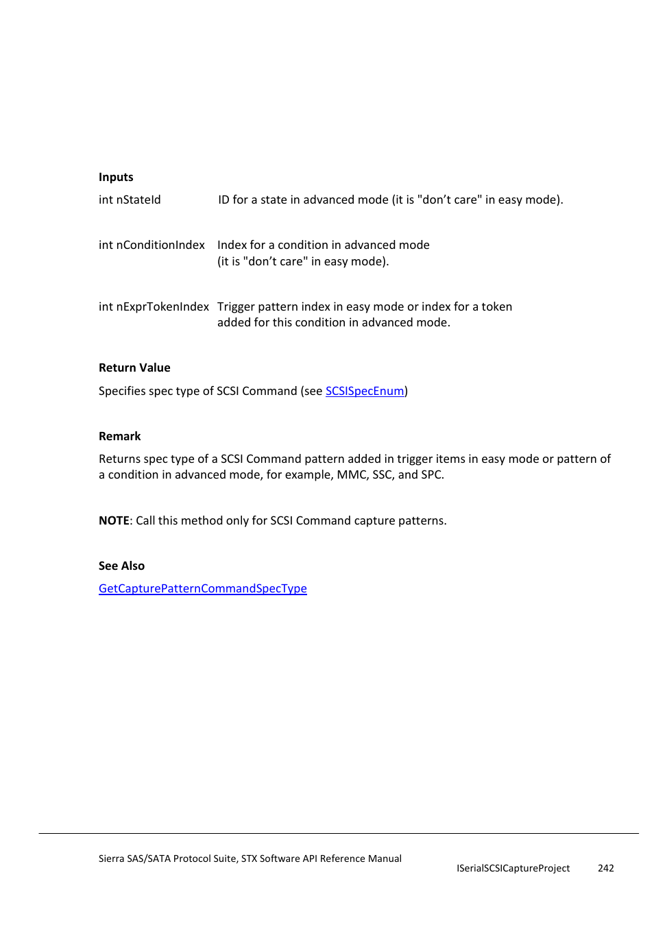 Getconditionexprpatterncommandspectype, Getconditionexprpatterndataoffset | Teledyne LeCroy Sierra SAS_SATA Protocol Analyzer STX API Reference Manual User Manual | Page 242 / 979