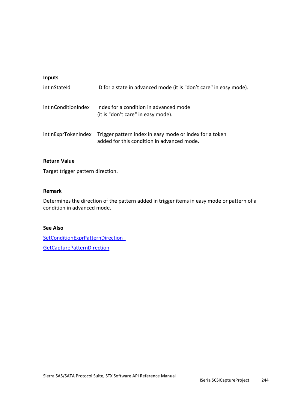 Getconditionexprpatterndirection, Getconditionexprpatternfisdataoffset | Teledyne LeCroy Sierra SAS_SATA Protocol Analyzer STX API Reference Manual User Manual | Page 244 / 979