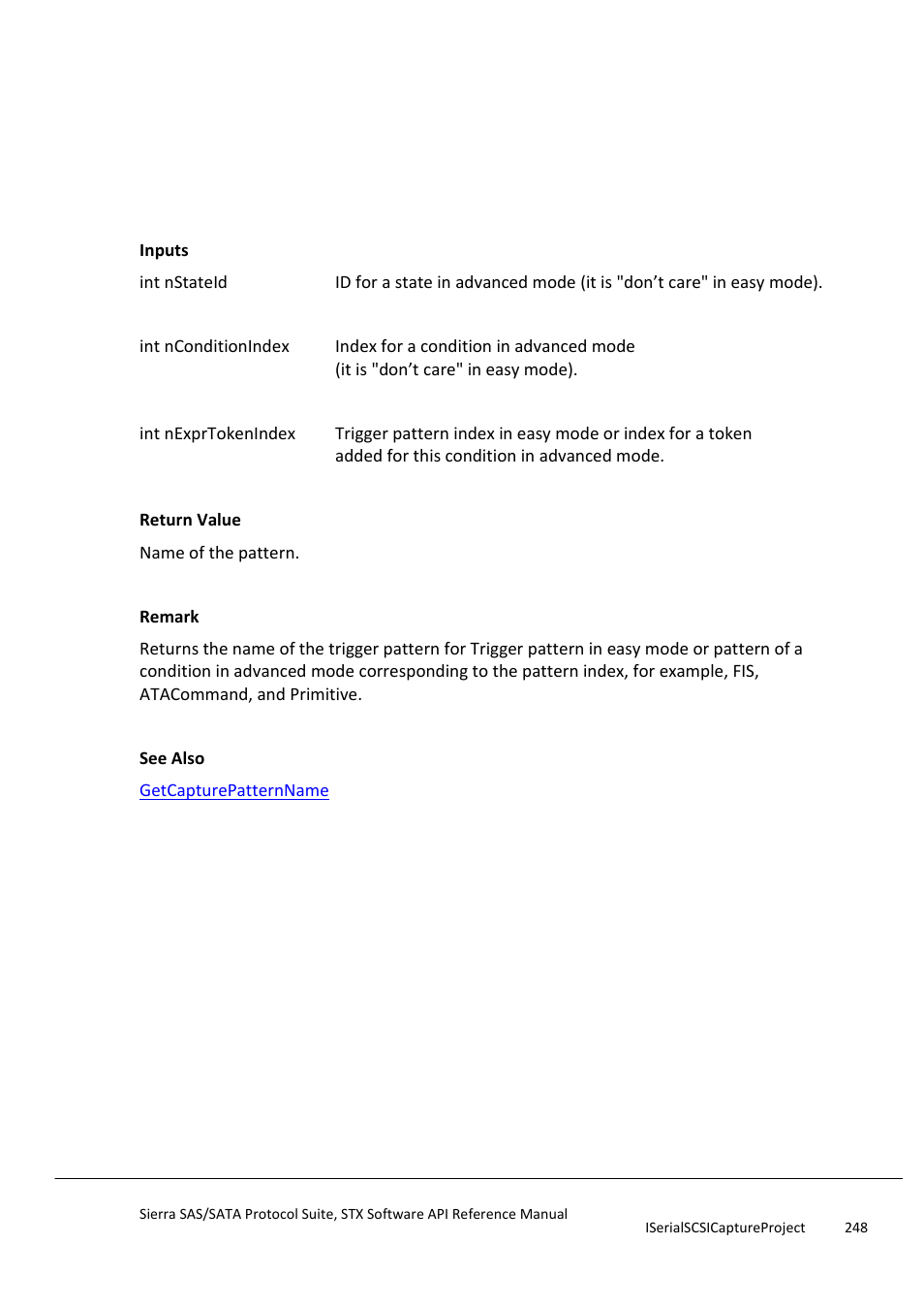 Getconditionexprpatternname, Getconditionexprpatternparameteroptionid | Teledyne LeCroy Sierra SAS_SATA Protocol Analyzer STX API Reference Manual User Manual | Page 248 / 979