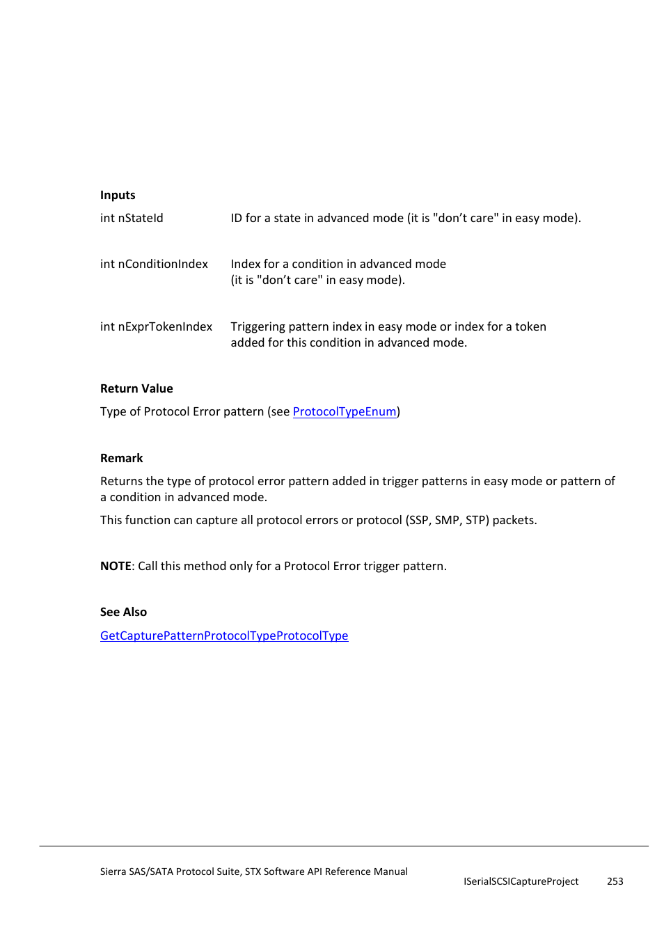 Getconditionexprpatternprotocoltypeprotocoltype, Getconditionexprpatternscsicommandtype | Teledyne LeCroy Sierra SAS_SATA Protocol Analyzer STX API Reference Manual User Manual | Page 253 / 979