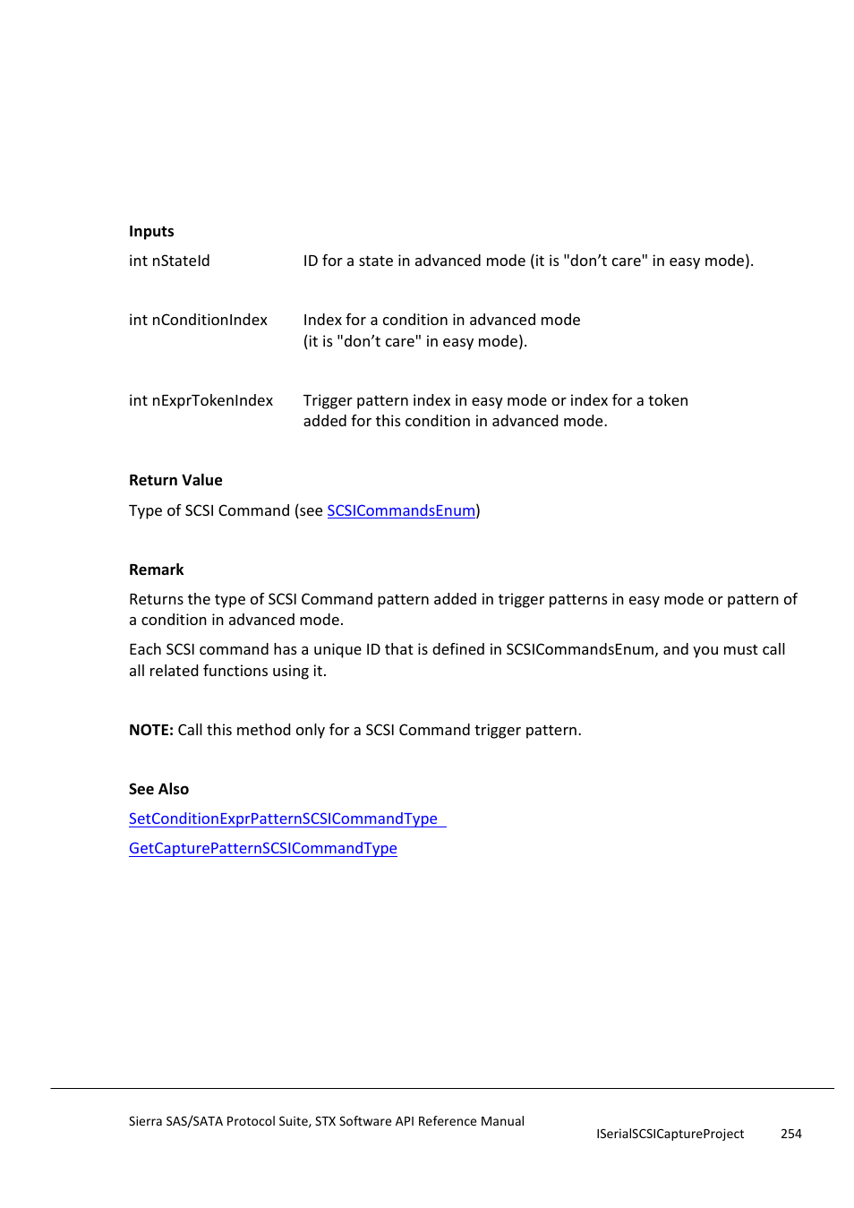 Getconditionexprpatternscsicommandtype, Getconditionexprpatternsmpfunctiontype | Teledyne LeCroy Sierra SAS_SATA Protocol Analyzer STX API Reference Manual User Manual | Page 254 / 979