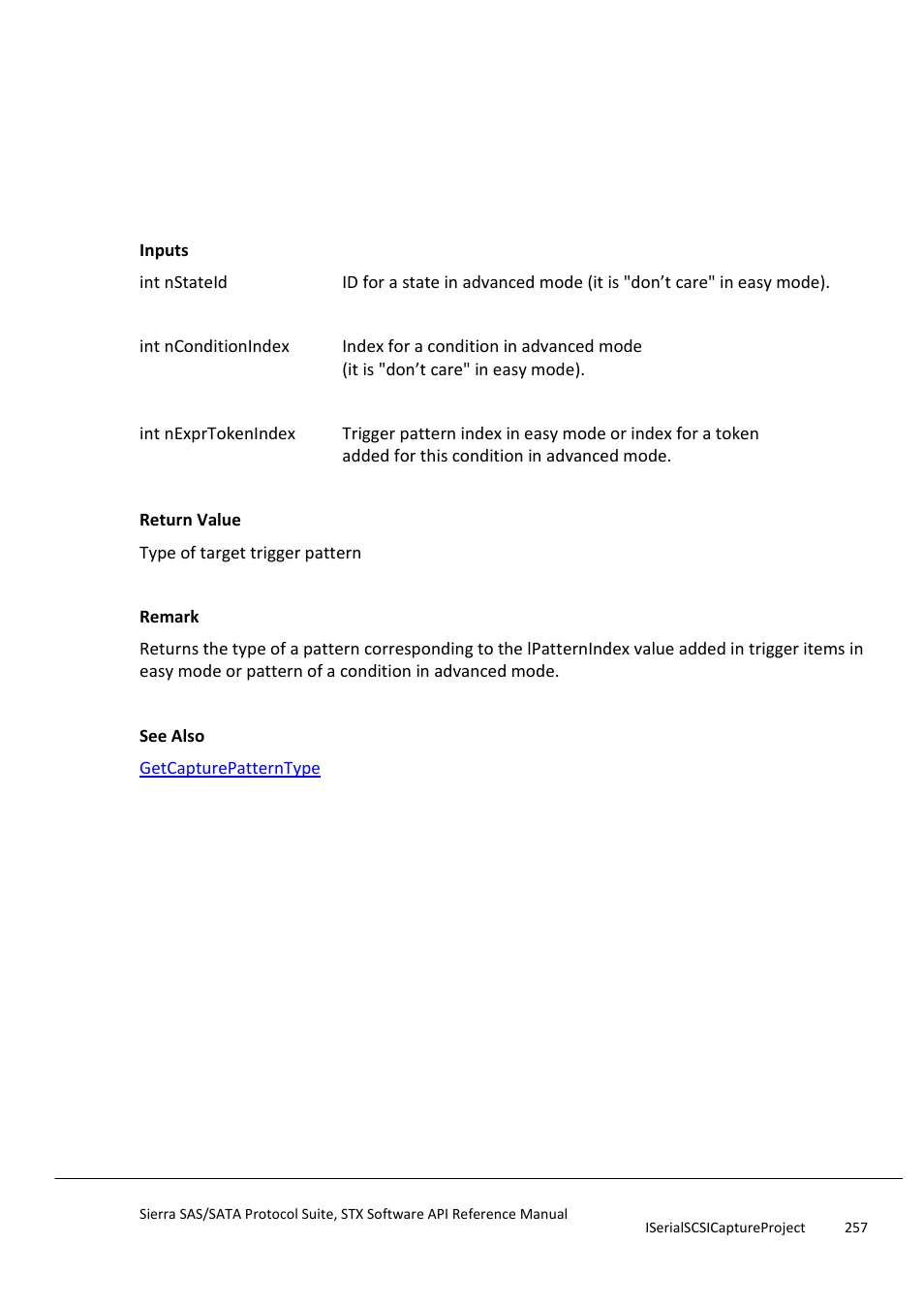 Getconditionexprpatterntype, Getconditionexprtimerid | Teledyne LeCroy Sierra SAS_SATA Protocol Analyzer STX API Reference Manual User Manual | Page 257 / 979