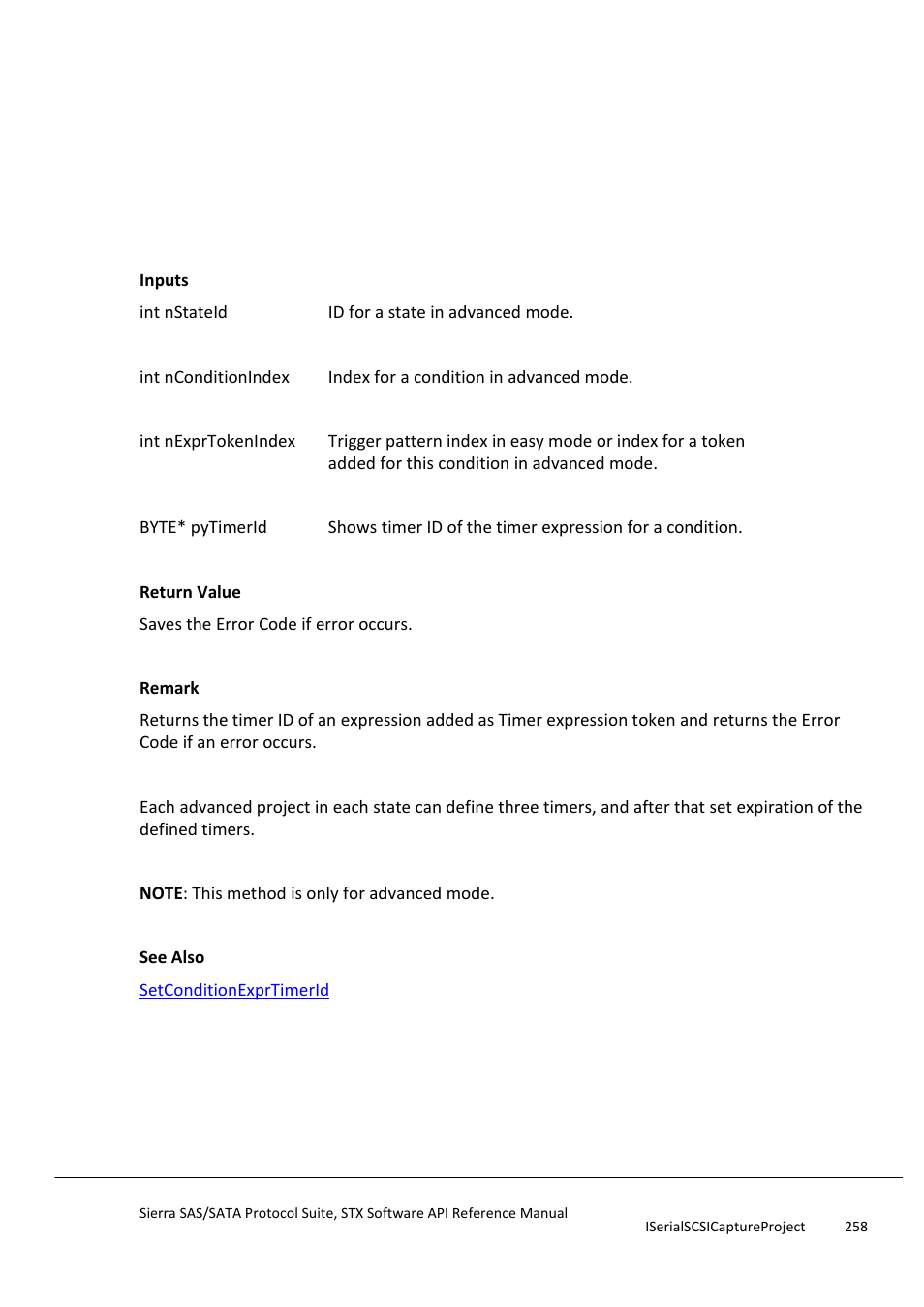 Getconditionexprtimerid, Getconditionexternalsignalaction | Teledyne LeCroy Sierra SAS_SATA Protocol Analyzer STX API Reference Manual User Manual | Page 258 / 979