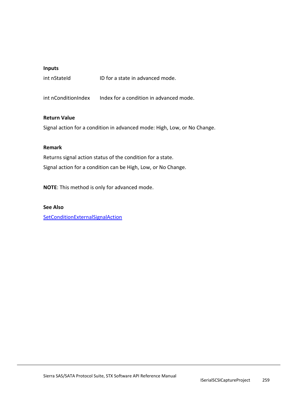 Getconditionexternalsignalaction, Getconditiongotoactionstateindex | Teledyne LeCroy Sierra SAS_SATA Protocol Analyzer STX API Reference Manual User Manual | Page 259 / 979