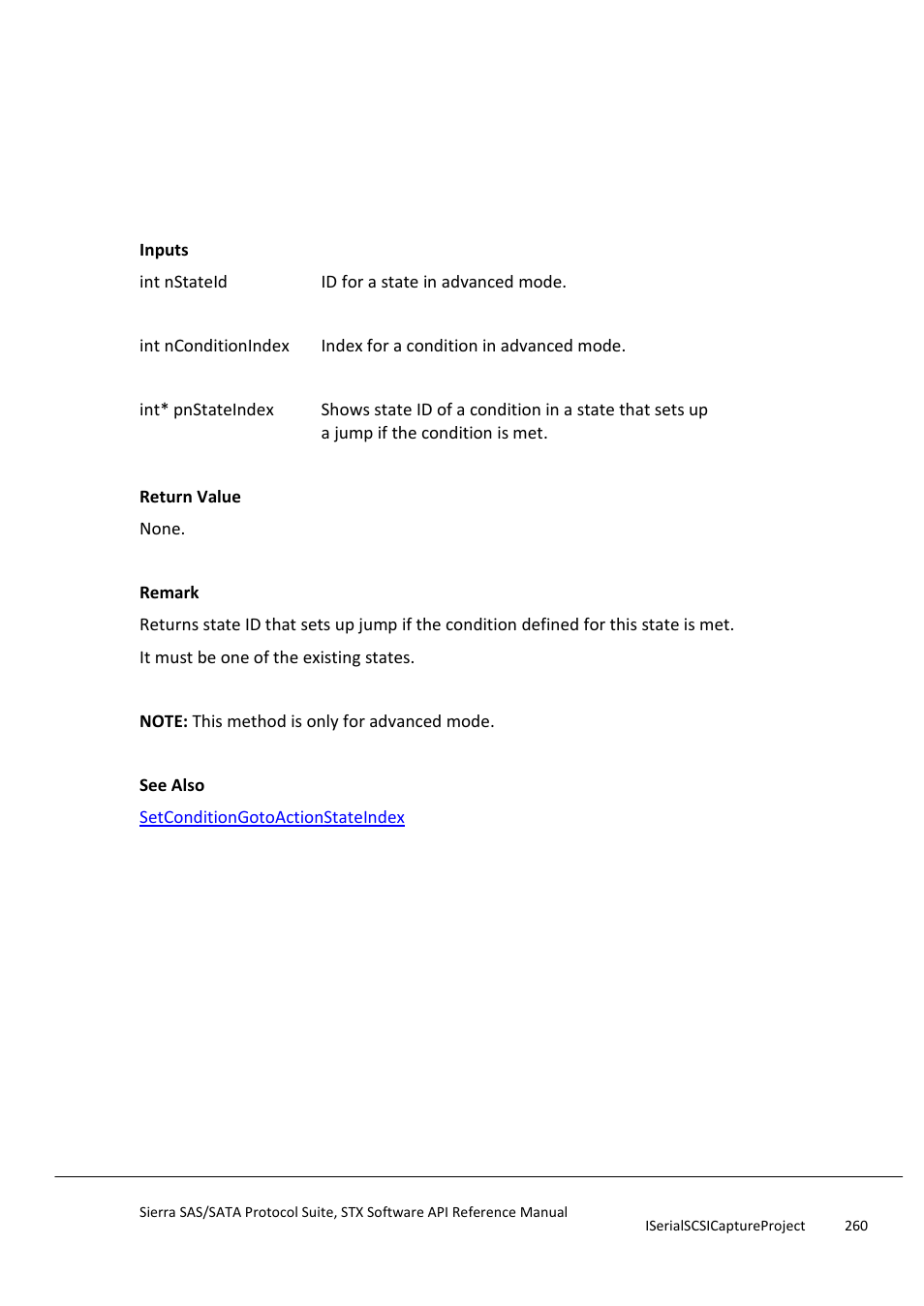 Getconditiongotoactionstateindex, Getconditiontriggeraction | Teledyne LeCroy Sierra SAS_SATA Protocol Analyzer STX API Reference Manual User Manual | Page 260 / 979