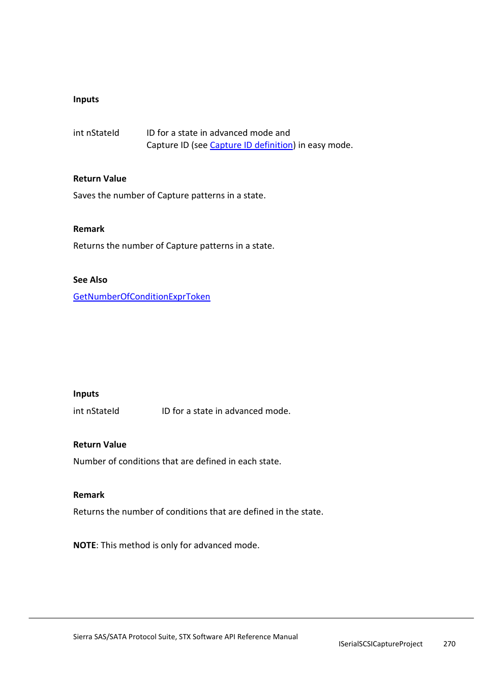 Getnumberofcapturepatterns, Getnumberofcondition, Getnumberofconditionexprtoken | Teledyne LeCroy Sierra SAS_SATA Protocol Analyzer STX API Reference Manual User Manual | Page 270 / 979