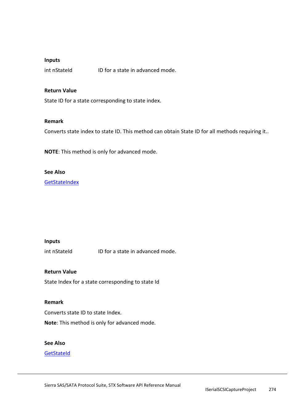 Getstateid, Getstateindex | Teledyne LeCroy Sierra SAS_SATA Protocol Analyzer STX API Reference Manual User Manual | Page 274 / 979