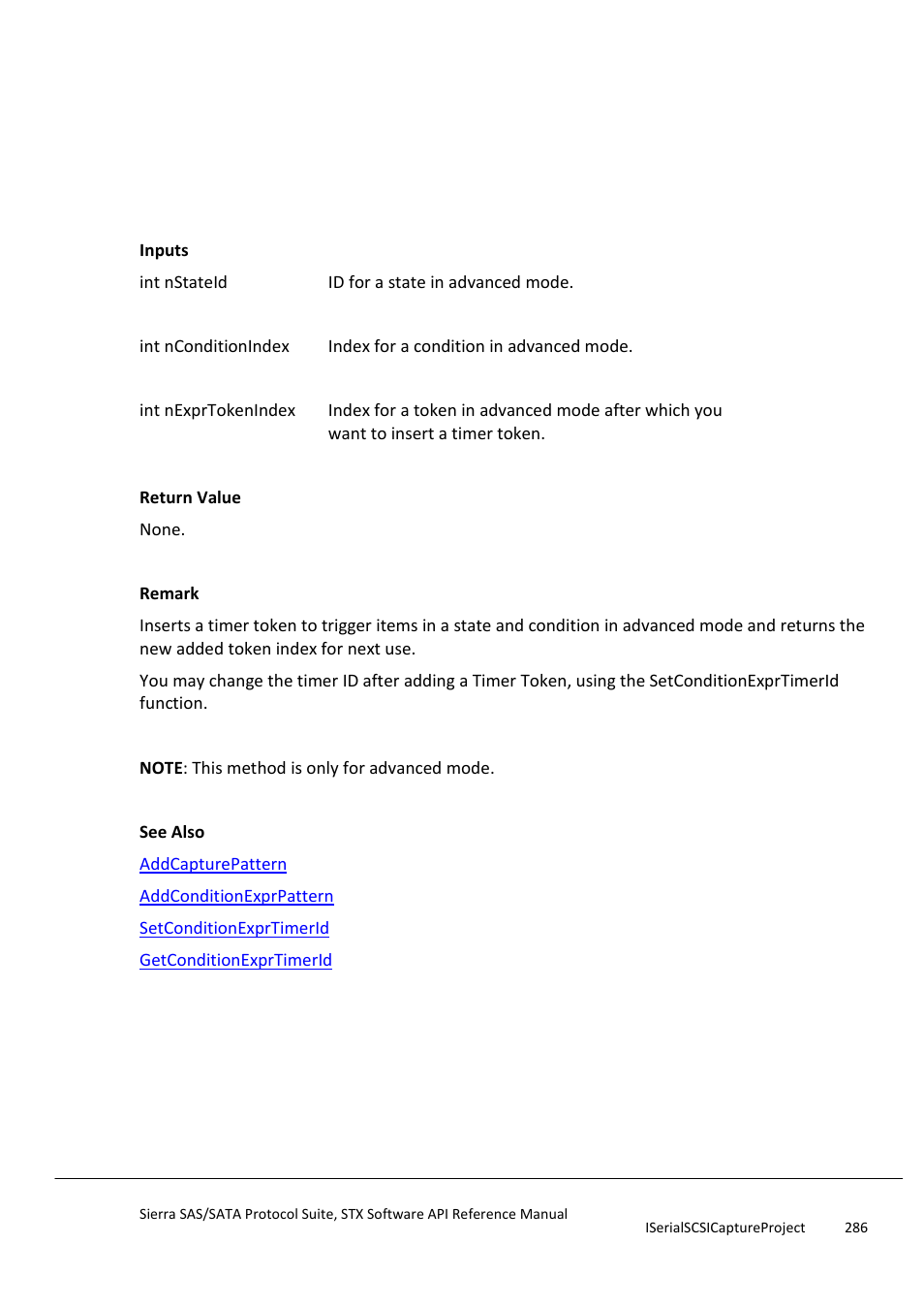 Insertconditionexprtimertokenat, Isprogrammedtimer | Teledyne LeCroy Sierra SAS_SATA Protocol Analyzer STX API Reference Manual User Manual | Page 286 / 979