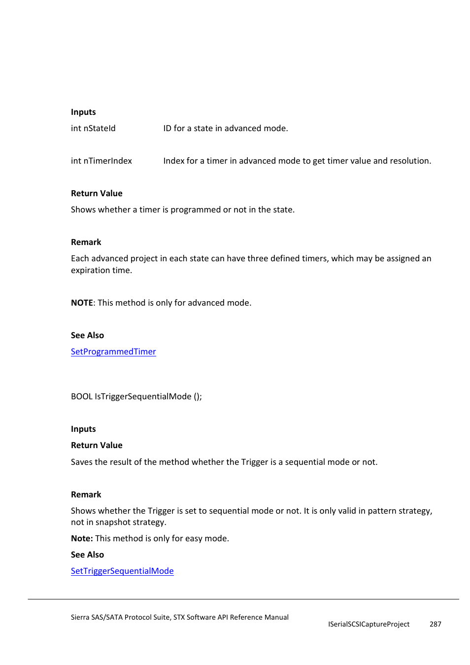 Isprogrammedtimer, Istriggersequentialmode | Teledyne LeCroy Sierra SAS_SATA Protocol Analyzer STX API Reference Manual User Manual | Page 287 / 979