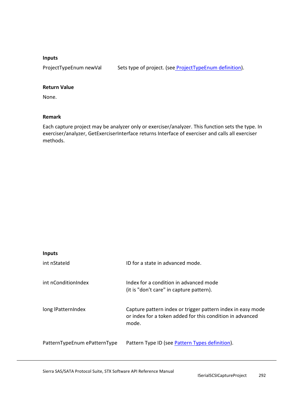 Setprojecttype, Removeassignedresource | Teledyne LeCroy Sierra SAS_SATA Protocol Analyzer STX API Reference Manual User Manual | Page 292 / 979