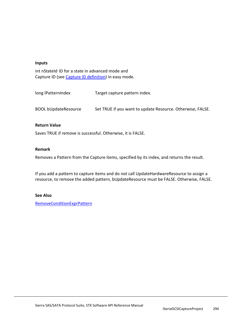 Removecapturepattern, Removeconditionexprpattern | Teledyne LeCroy Sierra SAS_SATA Protocol Analyzer STX API Reference Manual User Manual | Page 294 / 979