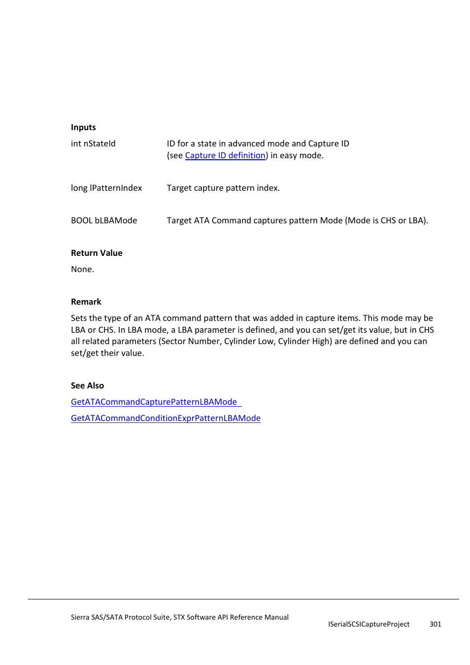 Setatacommandcapturepatternlbamode, Setatacommandconditionexprpattern | Teledyne LeCroy Sierra SAS_SATA Protocol Analyzer STX API Reference Manual User Manual | Page 301 / 979
