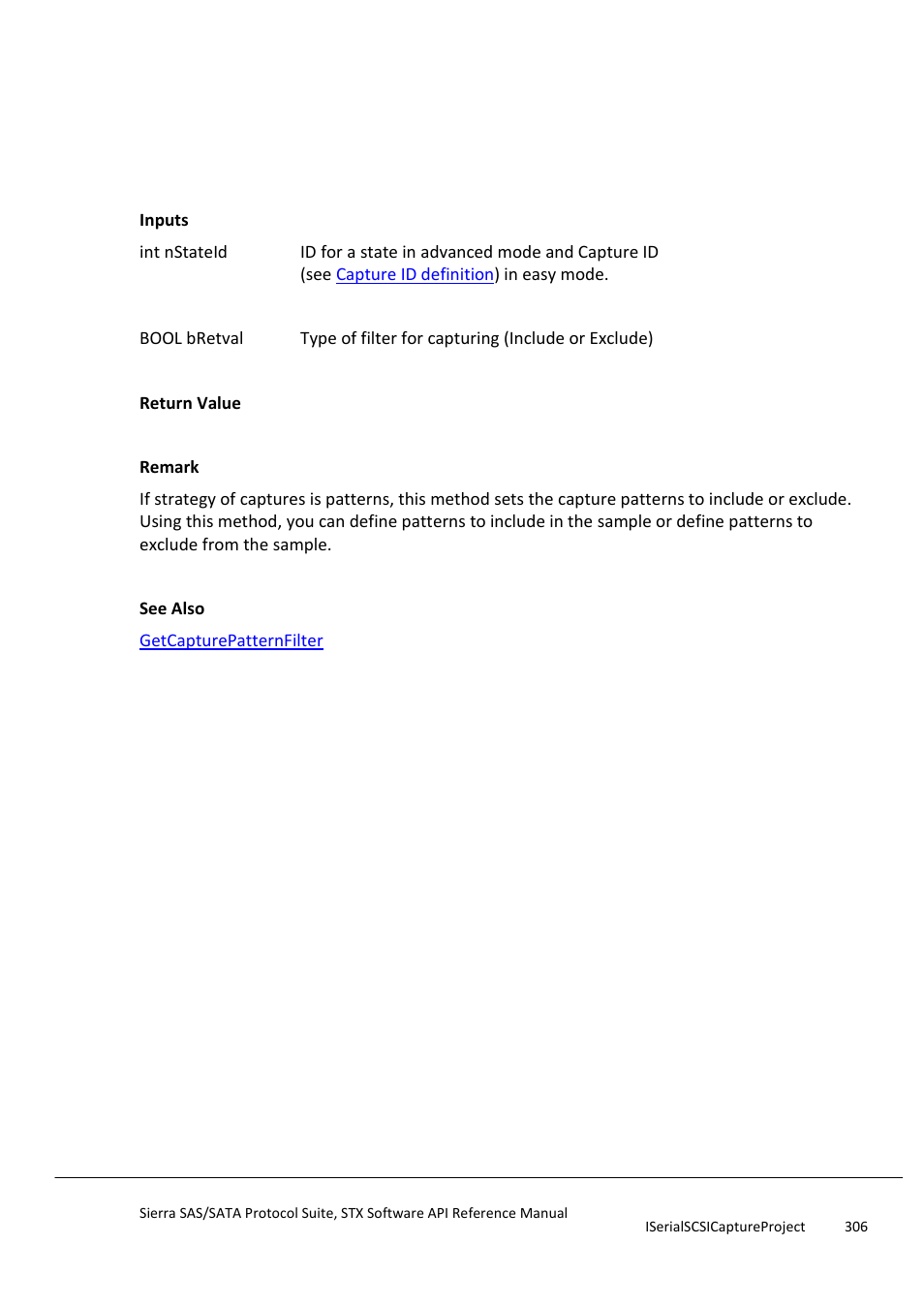 Setcapturepatternfilter, Setcapturepatternfisdataoffset | Teledyne LeCroy Sierra SAS_SATA Protocol Analyzer STX API Reference Manual User Manual | Page 306 / 979