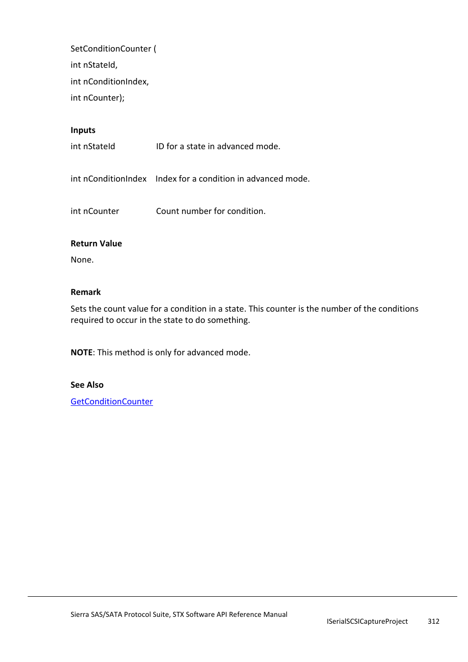 Setconditioncounter, Setconditionexprpatternatapicommandtype | Teledyne LeCroy Sierra SAS_SATA Protocol Analyzer STX API Reference Manual User Manual | Page 312 / 979