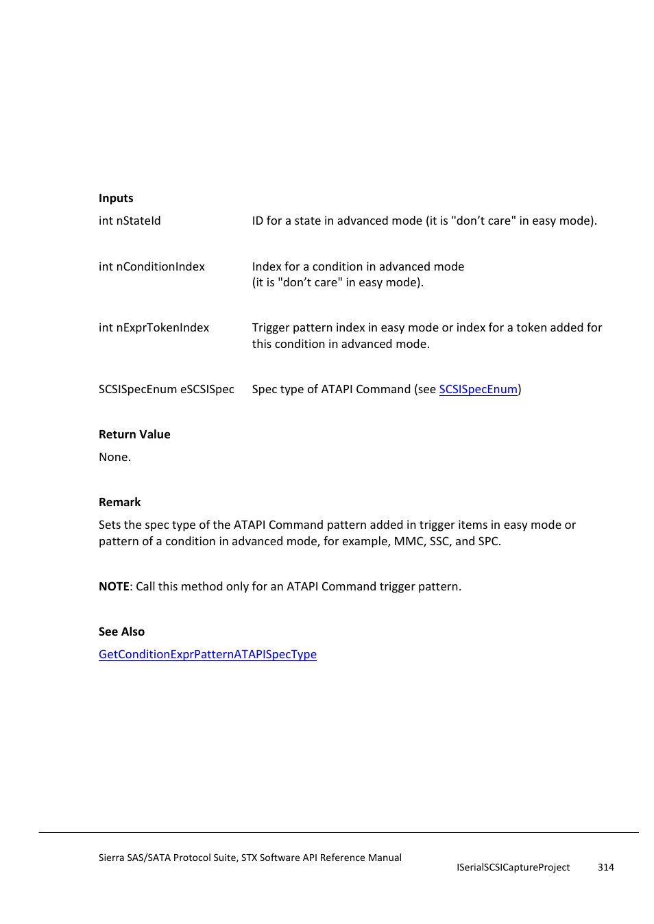 Setconditionexprpatternatapispectype, Setconditionexprpatterndataoffset | Teledyne LeCroy Sierra SAS_SATA Protocol Analyzer STX API Reference Manual User Manual | Page 314 / 979