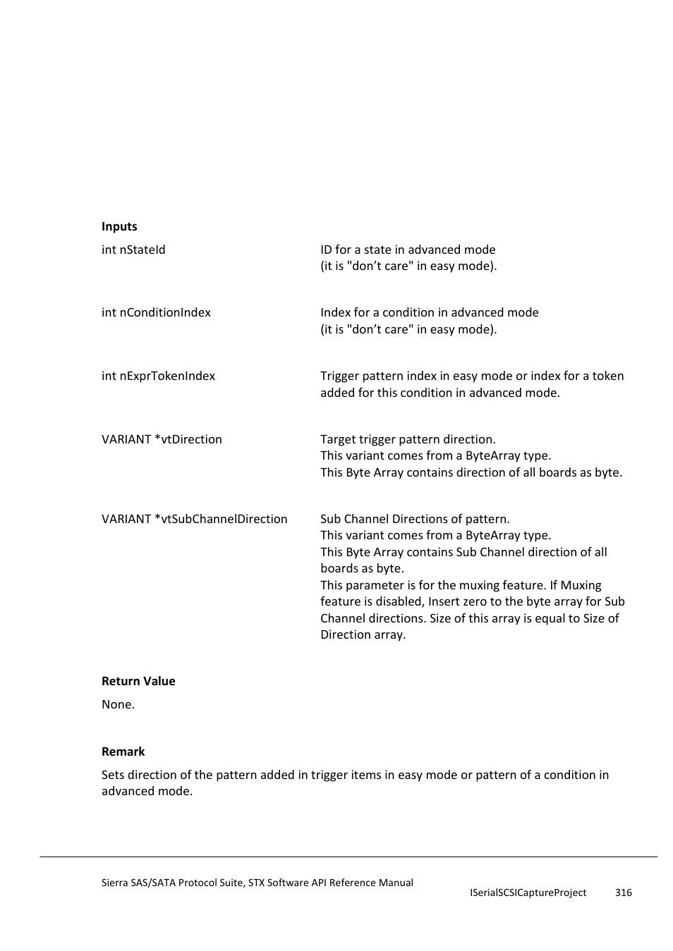 Setconditionexprpatterndirection | Teledyne LeCroy Sierra SAS_SATA Protocol Analyzer STX API Reference Manual User Manual | Page 316 / 979