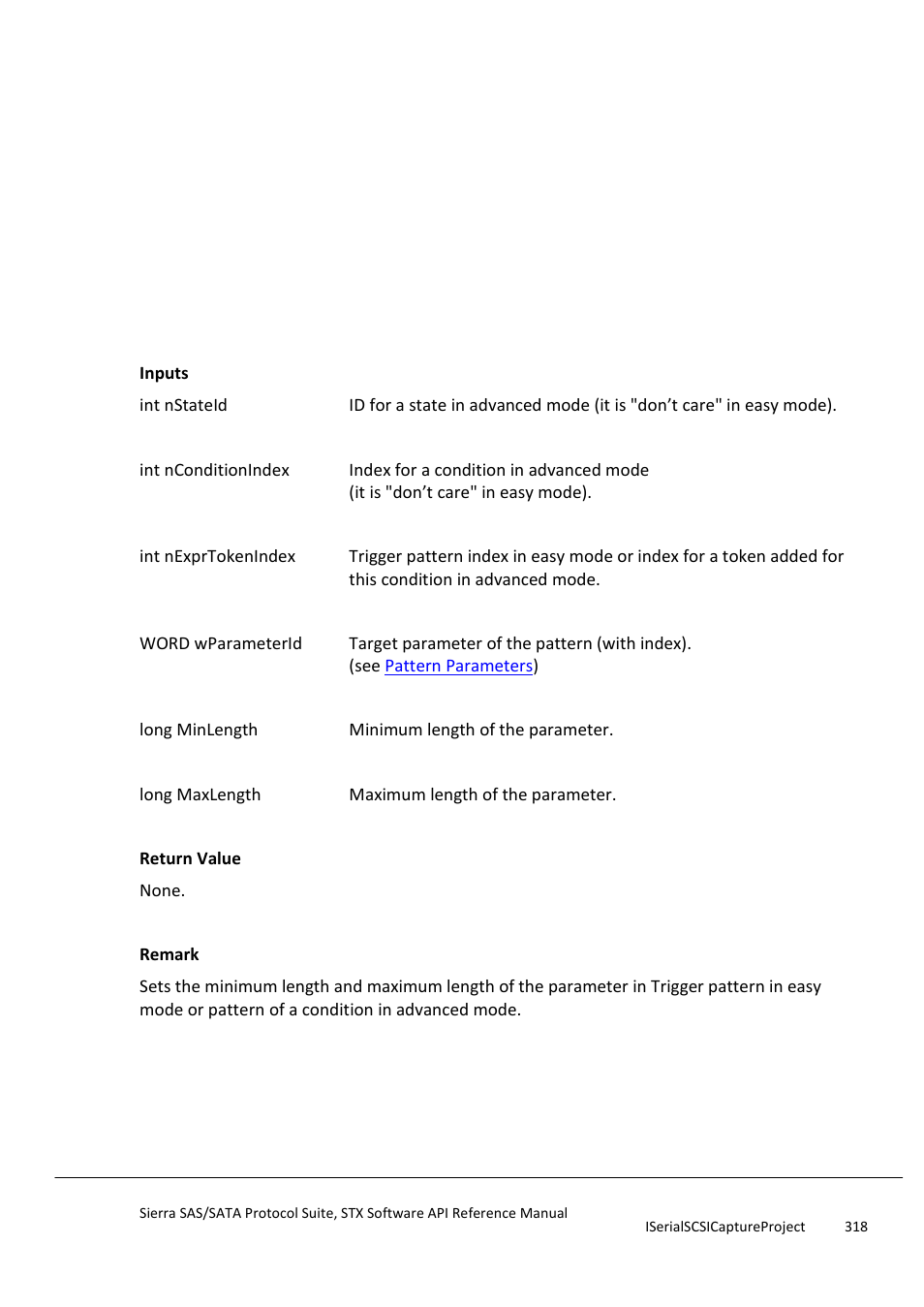 Setconditionexprpatternparameterlength, Setconditionexprpatternparametervalue | Teledyne LeCroy Sierra SAS_SATA Protocol Analyzer STX API Reference Manual User Manual | Page 318 / 979