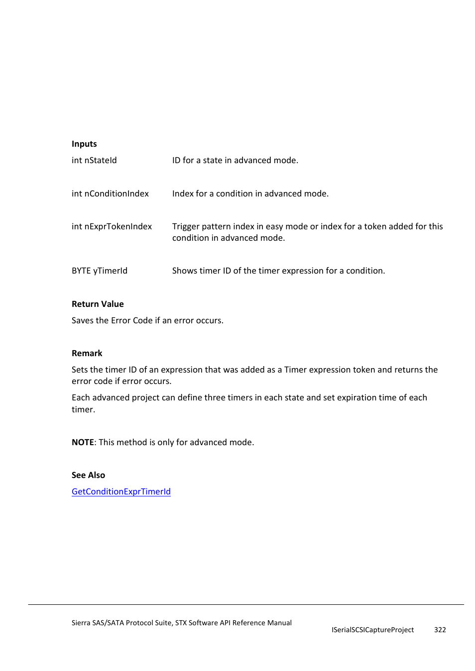 Setconditionexprtimerid, Setconditionexternalsignalaction, Setconditiontriggeraction | Teledyne LeCroy Sierra SAS_SATA Protocol Analyzer STX API Reference Manual User Manual | Page 322 / 979