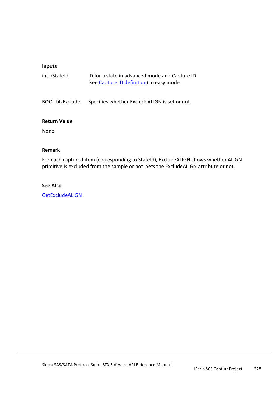 Setexcludealign, Setexcludecont | Teledyne LeCroy Sierra SAS_SATA Protocol Analyzer STX API Reference Manual User Manual | Page 328 / 979