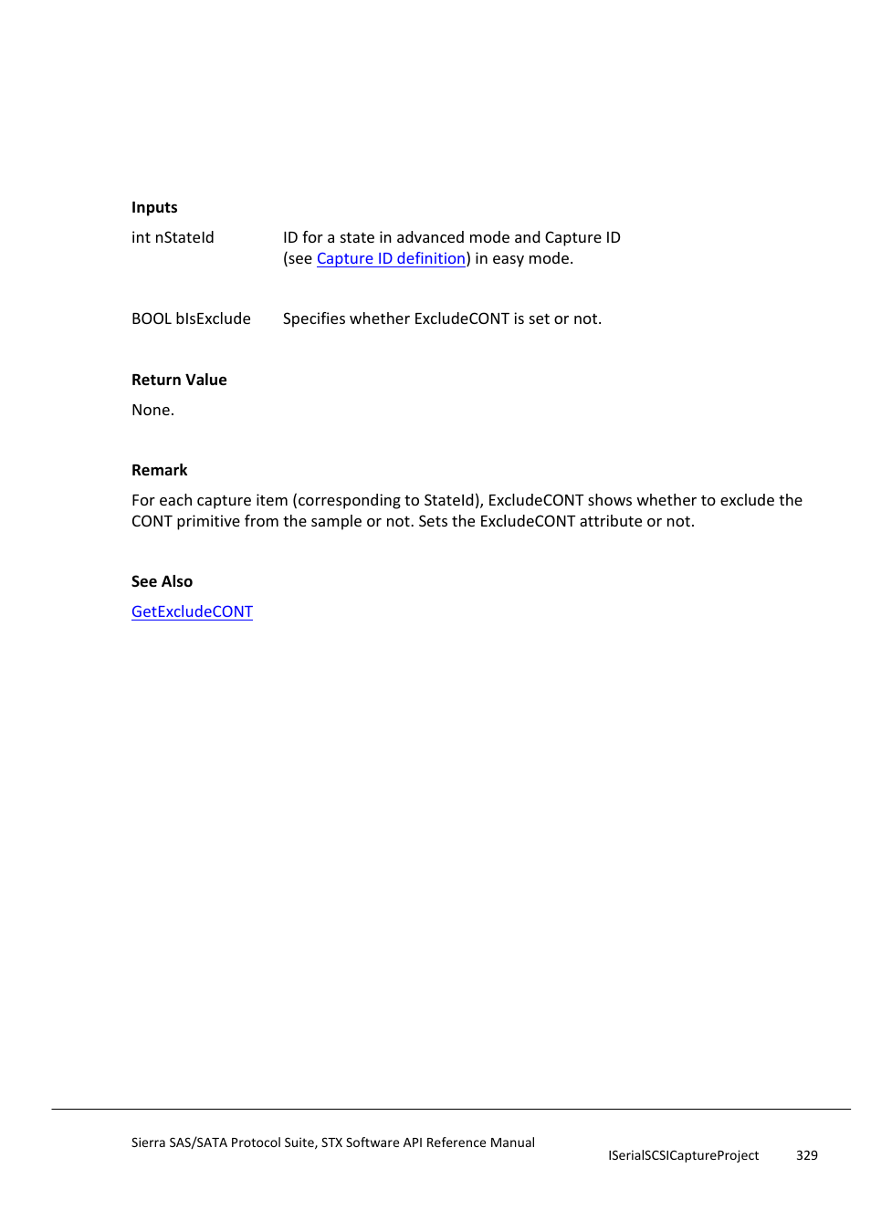 Setexcludecont, Setexcludeidle | Teledyne LeCroy Sierra SAS_SATA Protocol Analyzer STX API Reference Manual User Manual | Page 329 / 979