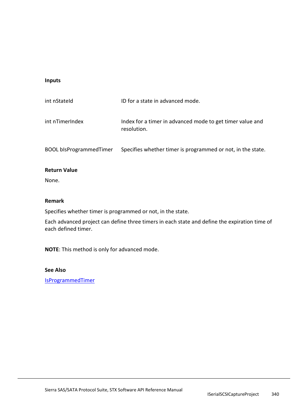 Setprogrammedtimer, Setprotocolerrorcapturepattern | Teledyne LeCroy Sierra SAS_SATA Protocol Analyzer STX API Reference Manual User Manual | Page 340 / 979
