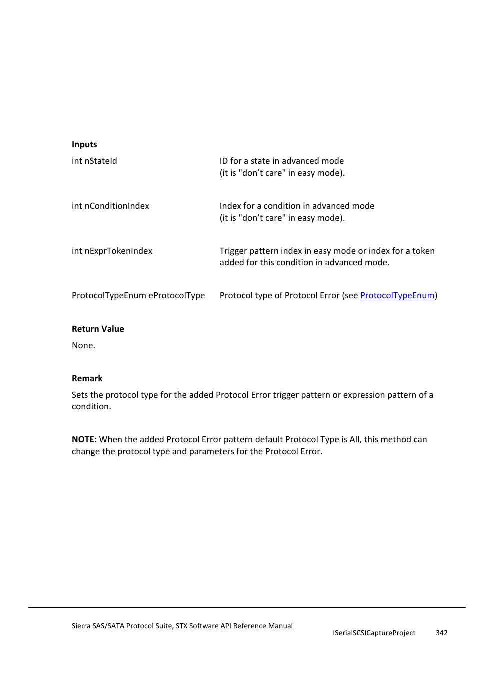 Setprotocolerrorconditionexprpattern, Setsamecaptureingasstate0 | Teledyne LeCroy Sierra SAS_SATA Protocol Analyzer STX API Reference Manual User Manual | Page 342 / 979